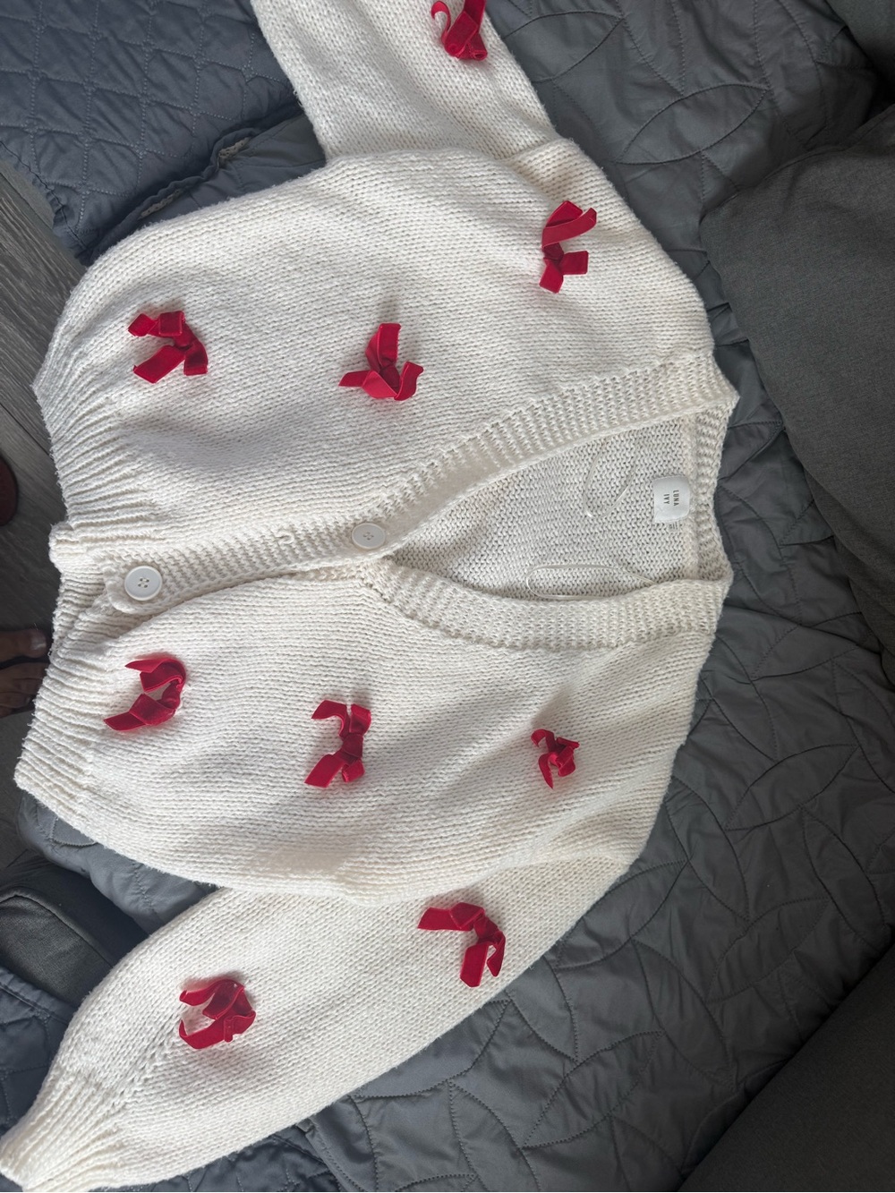 Luna Ivy Cream Cardigan with Red Ribbon Bow Details
